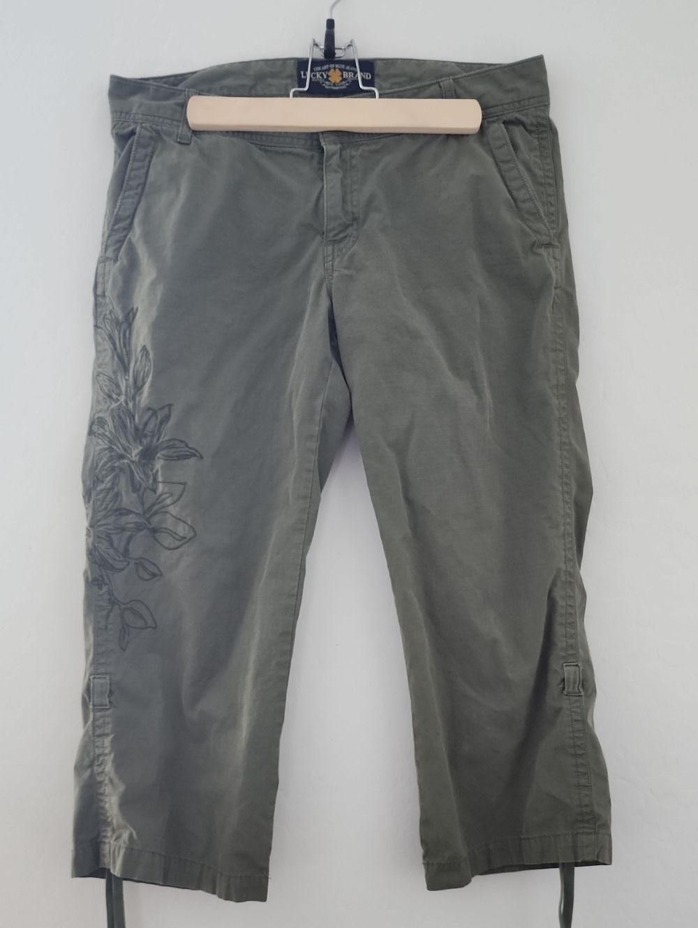 Lucky Brand Olive Green Cargo Pants with Subtle Floral Detail, Size 30